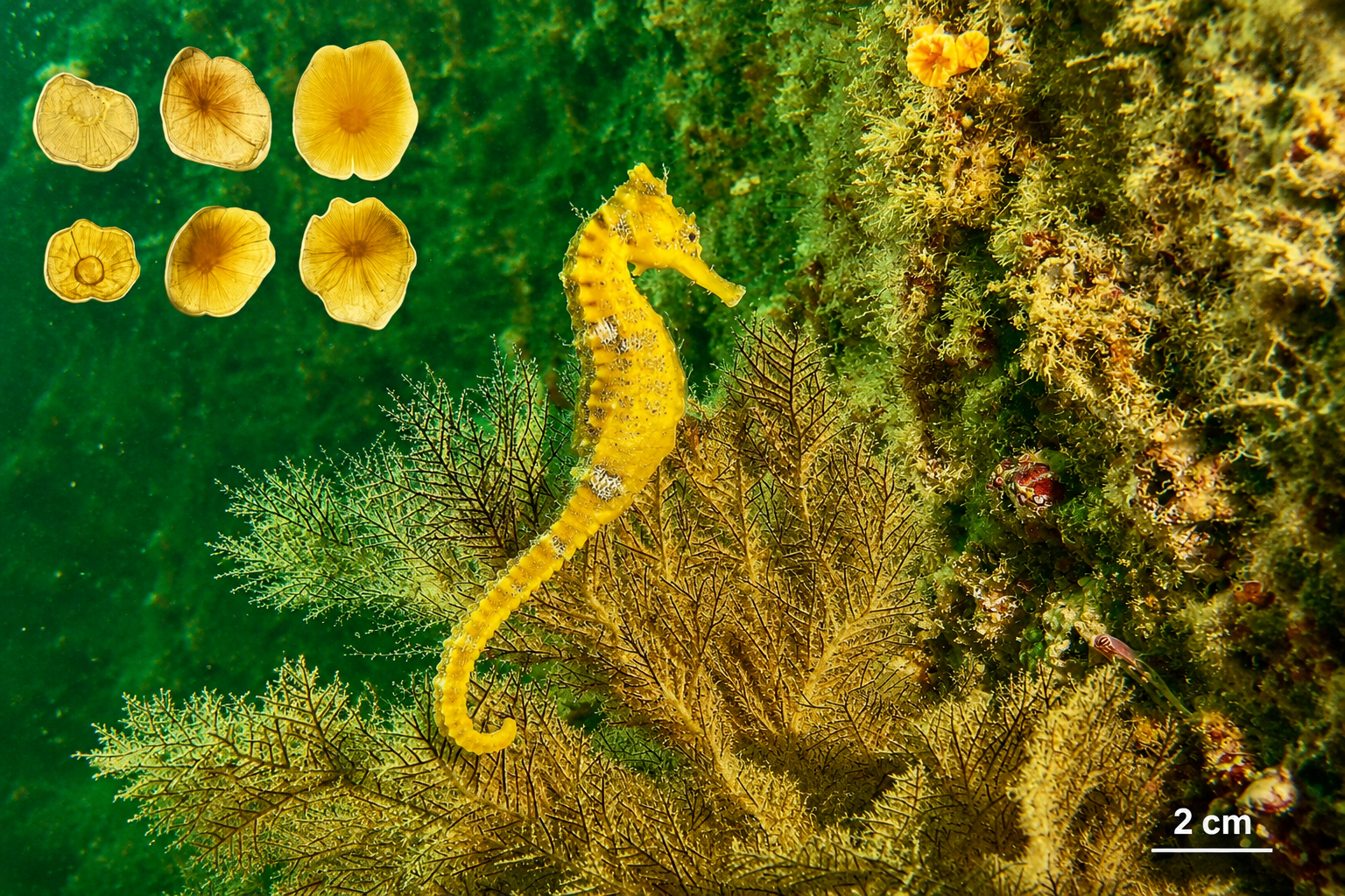 Fotografía submarina de Hippocampus ingens (autor: Jaime Yockteng Fuenzalida) cerca al Islote “El Pelado”, Santa Elena (Ecuador), junto con otolitos de la misma especie (autor: Sonia Valle-Rubio).